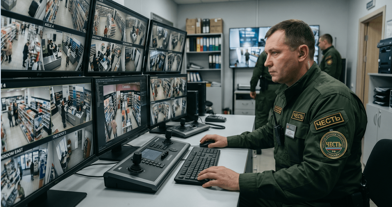 Охранник ЧОП Честь у входа в магазин, антикражная защита и контроль на ритейл-объекте
