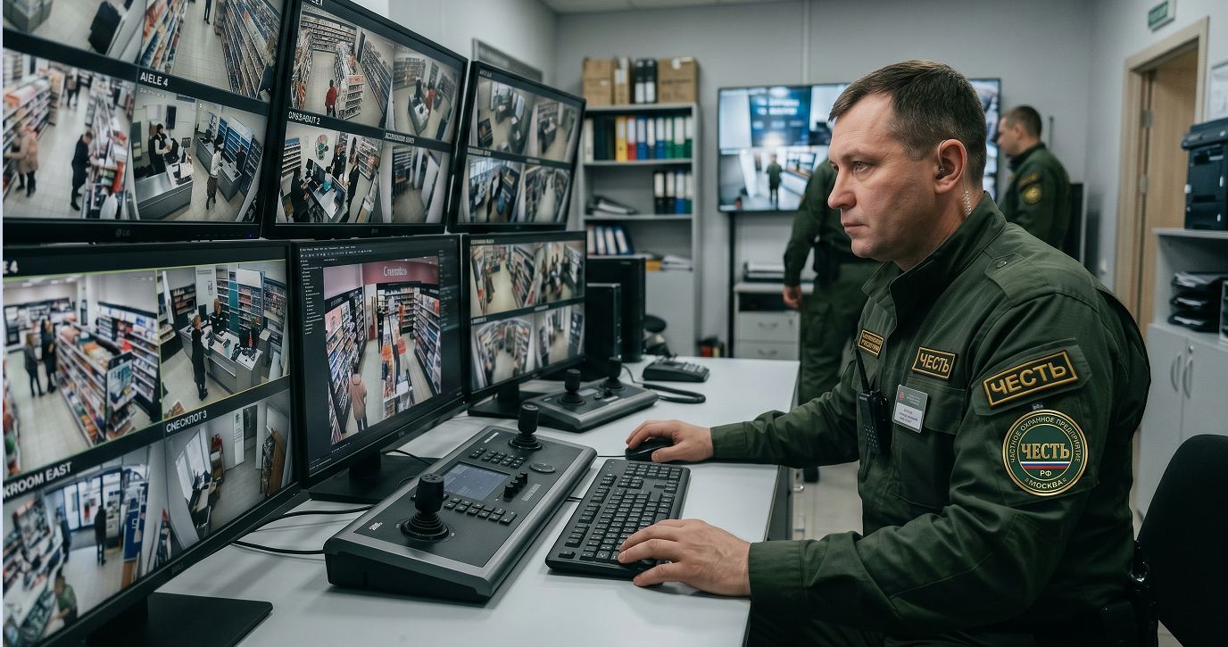 Охранник ЧОП Честь у входа в магазин, антикражная защита и контроль на ритейл-объекте